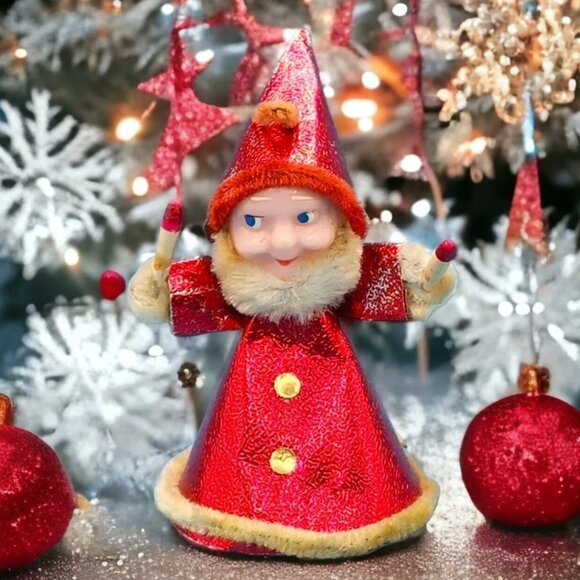 Vintage 1950s Elf Ornament Red Foil Putz Candles Celluloid Face Chenille Japan - Picture 1 of 9